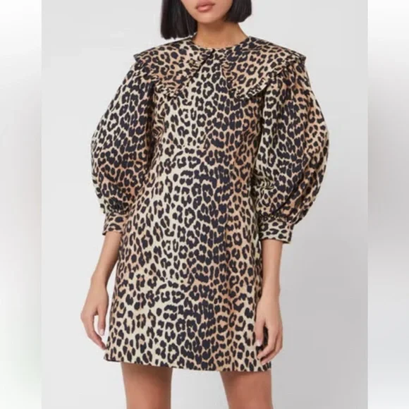 Ganni Leopard Cotton Poplin Mini Dress - Picture 1 of 15